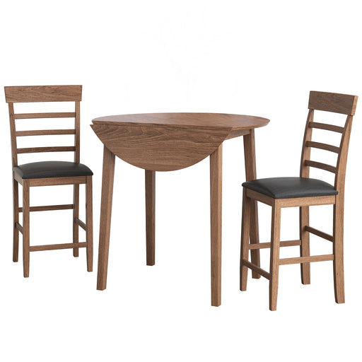 3pc Walnut Retro Round Counter Height Drop-Leaf Table with 2 Upholstered Chairs lowrysfurniturestore