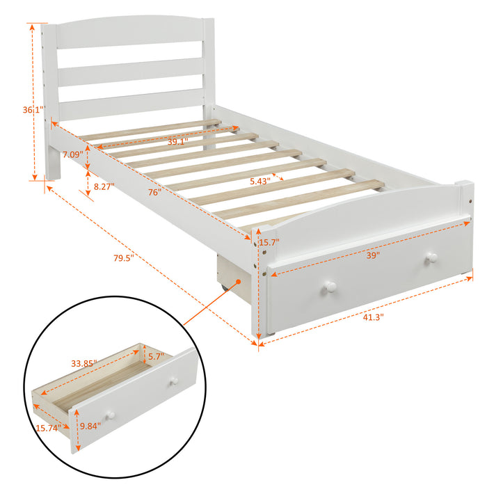 Platform Twin Bed Frame with Storage Drawer and Wood Slat Support No Box Spring Needed, White | lowrysfurniturestore