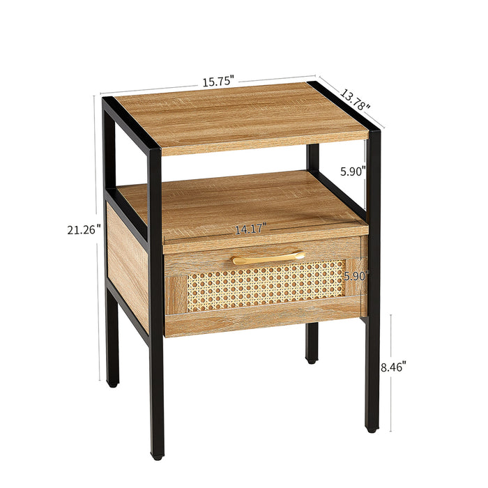 Natural Rattan Nightstand with Single Drawer and Metal Legs