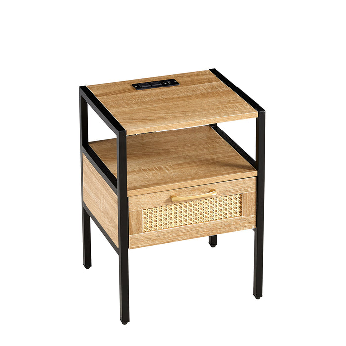 Natural Rattan Nightstand with USB Ports & Power Outlet