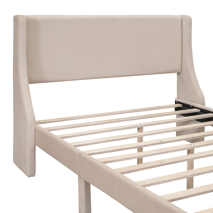 Full Beige Storage Bed Velvet Upholstered Platform Bed with a Big Drawer lowrysfurniturestore
