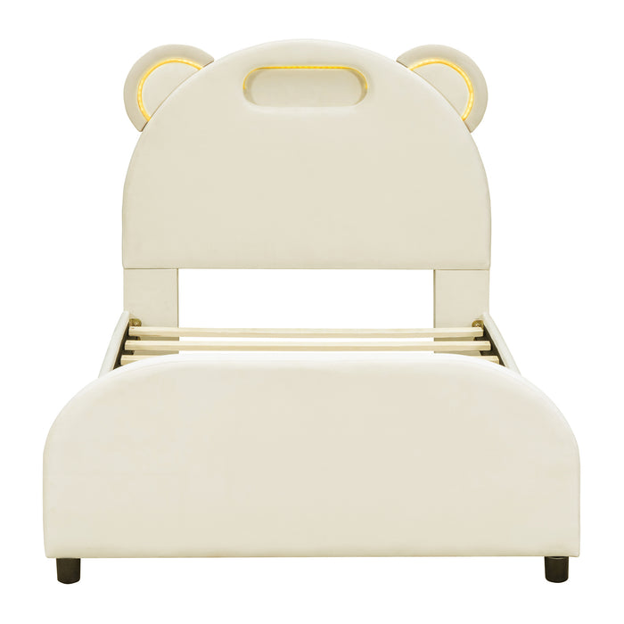 Twin Beige Velvet Platform Bed with Bear-Shaped Headboard and Embedded Lights lowrysfurniturestore