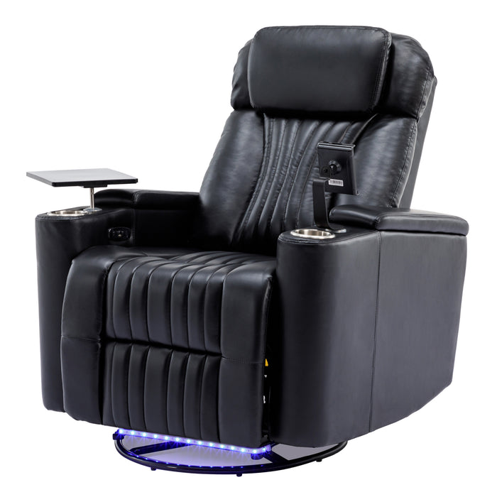 Black 270° Power Swivel Recliner Home Theater Seating With Hidden Arm Storage and LED Light Strip Cup Holder 360° Swivel Tray Table and Cell Phone Holder | lowrysfurniturestore