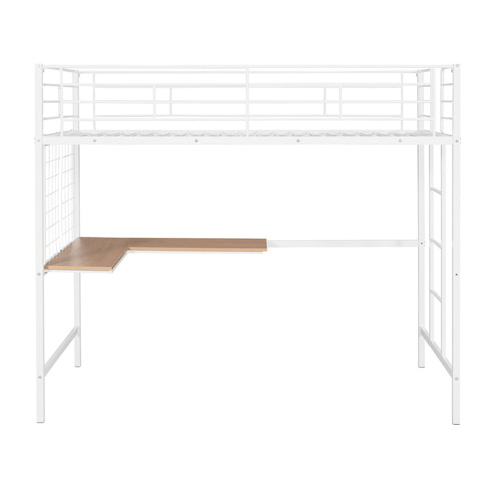 White Twin Metal Loft Bed with Desk and Metal Grid | lowrysfurniturestore