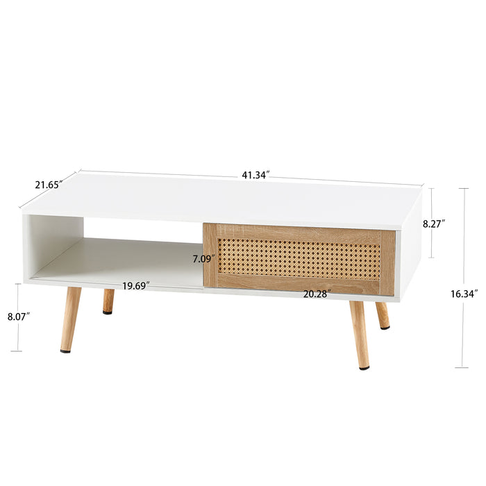 White Modern Rattan Coffee Table with Storage, 41.34"