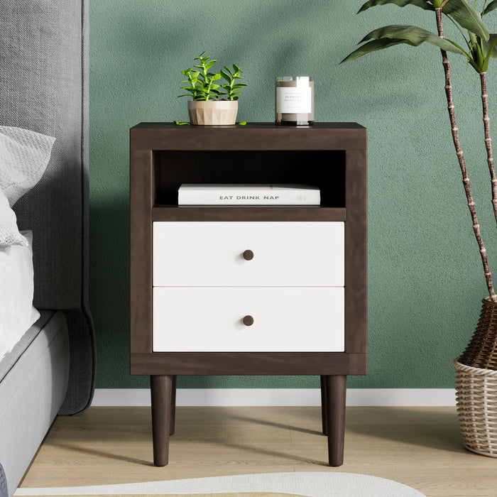 Modern Walnut and White 2-Drawer Nightstand