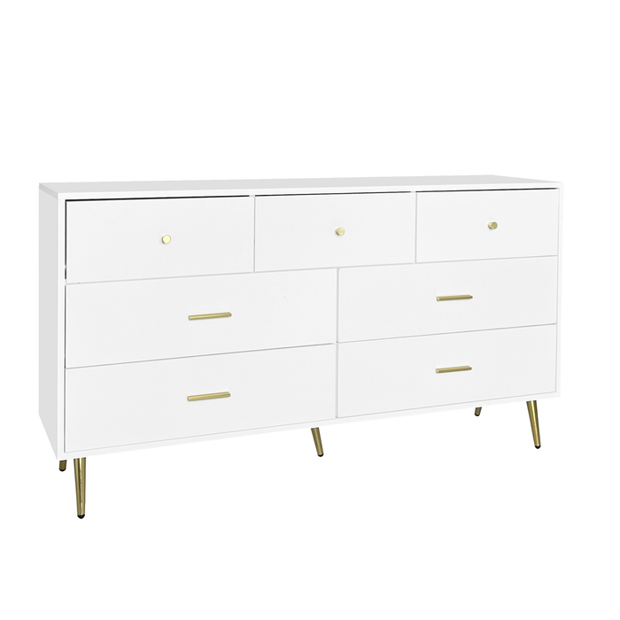 White 7-Drawer Chest with Golden Handles and Legs