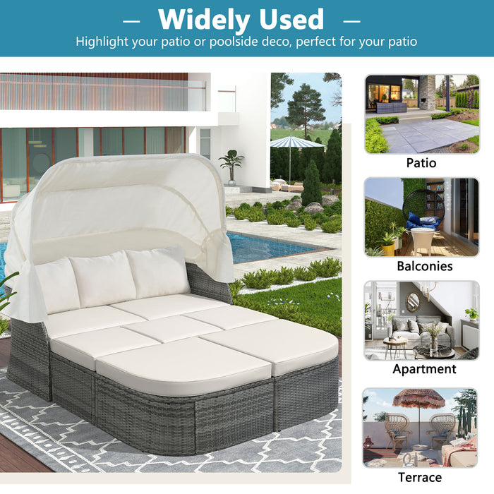U-Style Beige Sunbed Outdoor Patio Furniture Set with Retractable Canopy