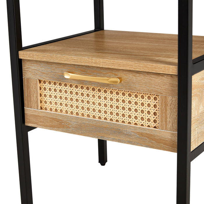 Natural Rattan Nightstand with Single Drawer and Metal Legs