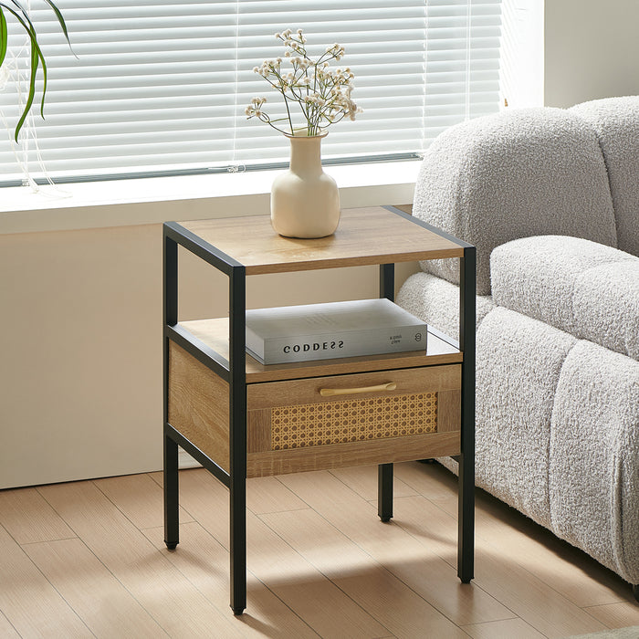 Natural Rattan Nightstand with Single Drawer and Metal Legs