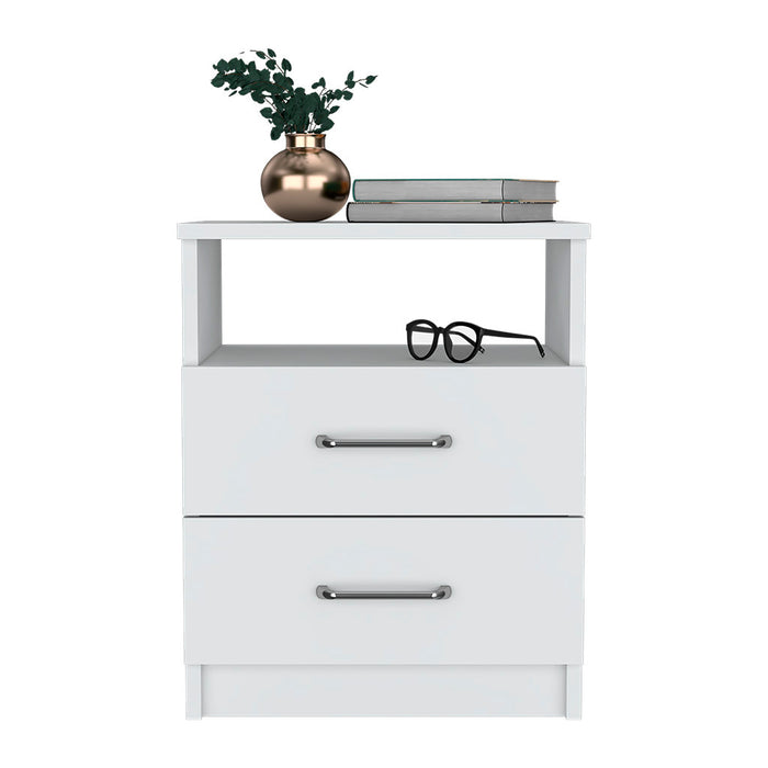 White Olienza Nightstand – Two Drawers and One Shelf