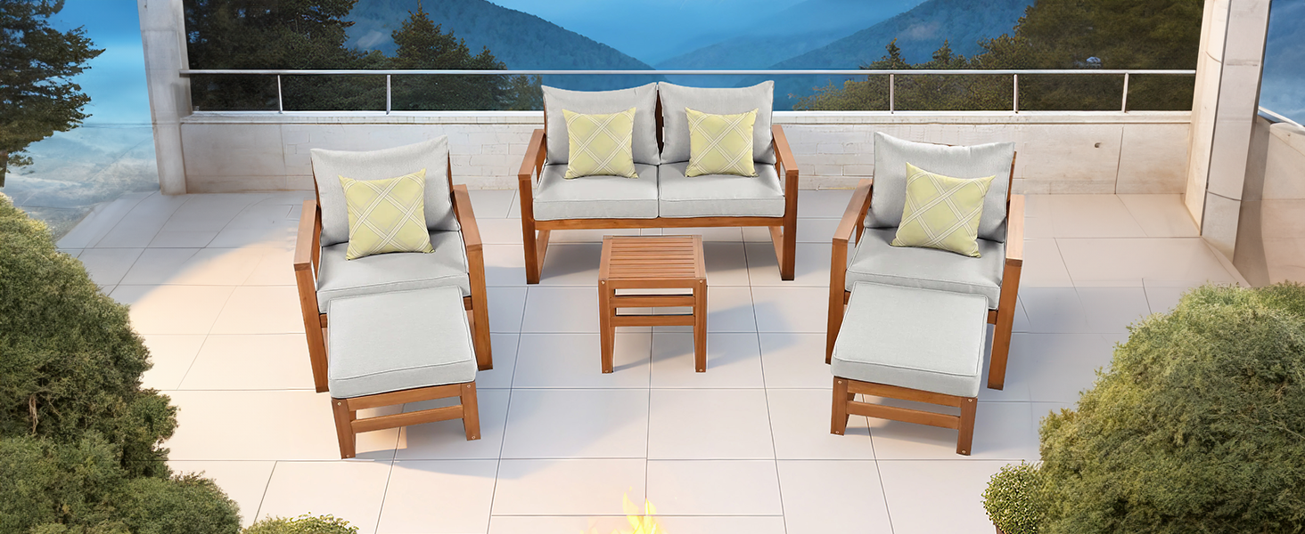 6 pc Gray Outdoor Conversation Set with Ottomans and Cushions