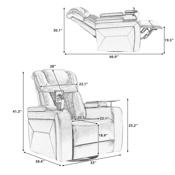 White Swivel Faux Leather Power Recliner Home Theater Tray Table Phone Holder Cup Holder USB Port Arm Storage lowrysfurniturestore