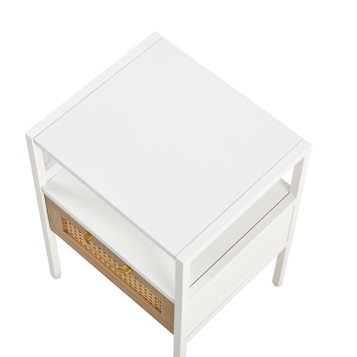 White Rattan End Table with Single Drawer and Metal Legs