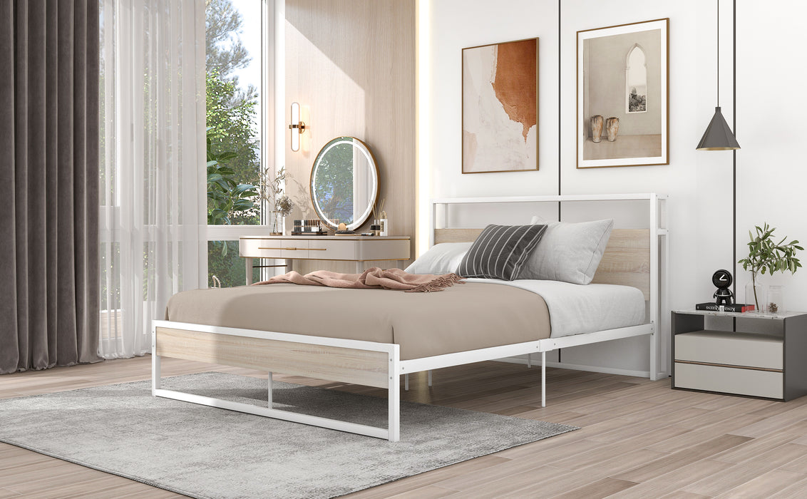 Queen White Metal Platform Bed Frame with USB Ports