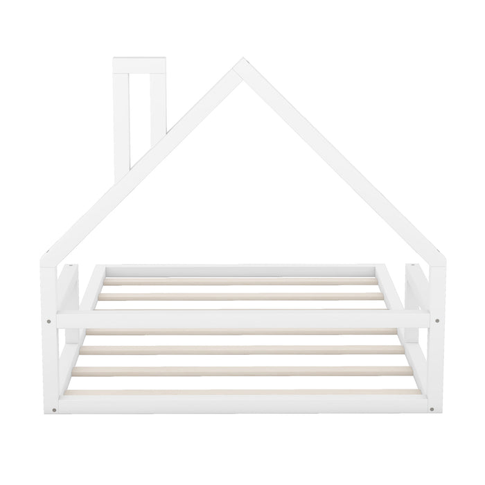 Full Size Wood Floor Bed with House-shaped Headboard, White | lowrysfurniturestore