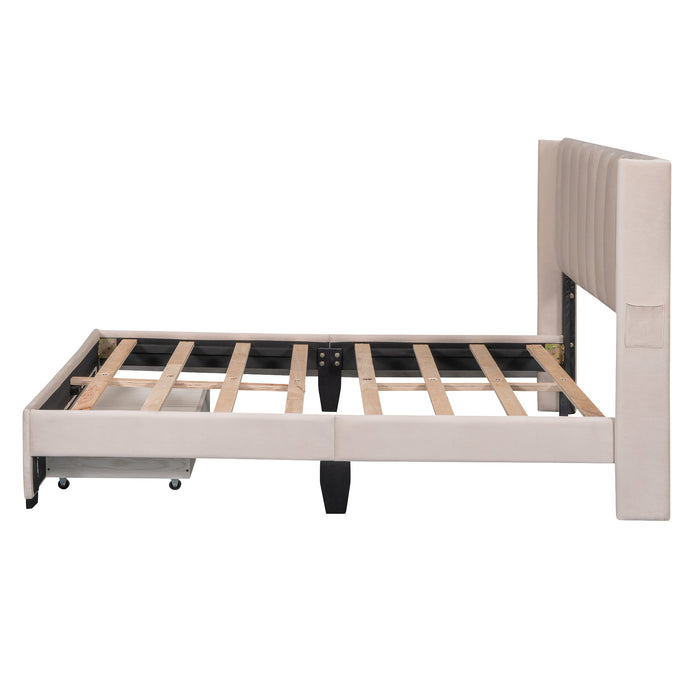 Full Size Storage Bed Velvet Upholstered Platform Bed with a Big Drawer - Beige | lowrysfurniturestore