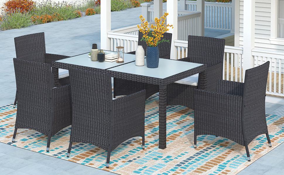 7 pc Black Outdoor Wicker Dining Set with Cushions