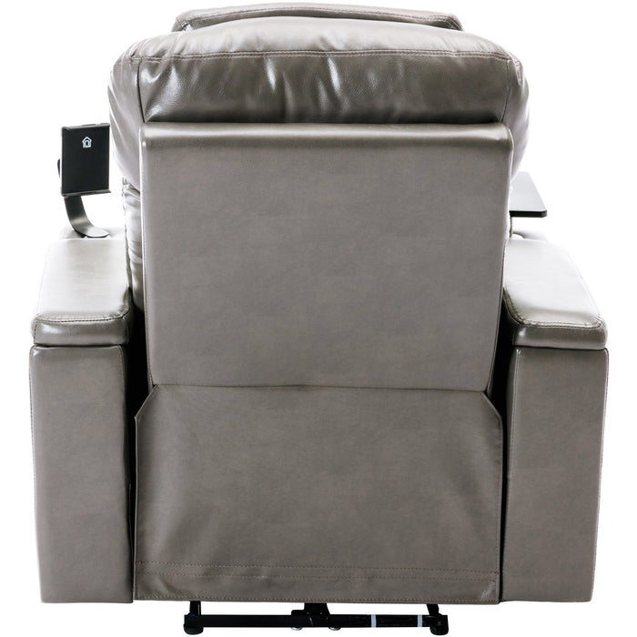 Gray Power Motion Recliner with USB Charging Port and Hidden Arm Storage Home Theater Seating with Convenient Cup Holder Design | lowrysfurniturestore
