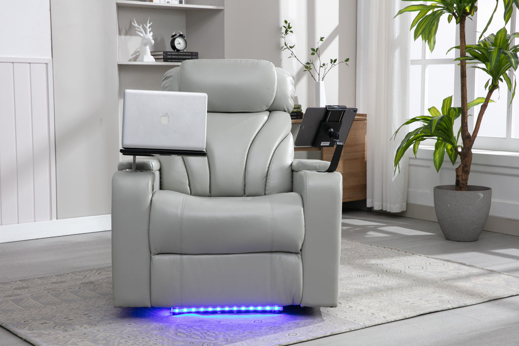Light Gray Power Motion Recliner with USB Charging Port and Hidden Arm Storage Home Theater Seating with Convenient Cup Holder Design | lowrysfurniturestore