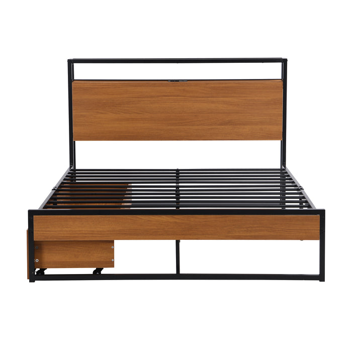 Full Size Metal Platform Bed Frame with Two Drawers,Sockets and USB Ports ,Slat Support No Box Spring Needed Black | lowrysfurniturestore