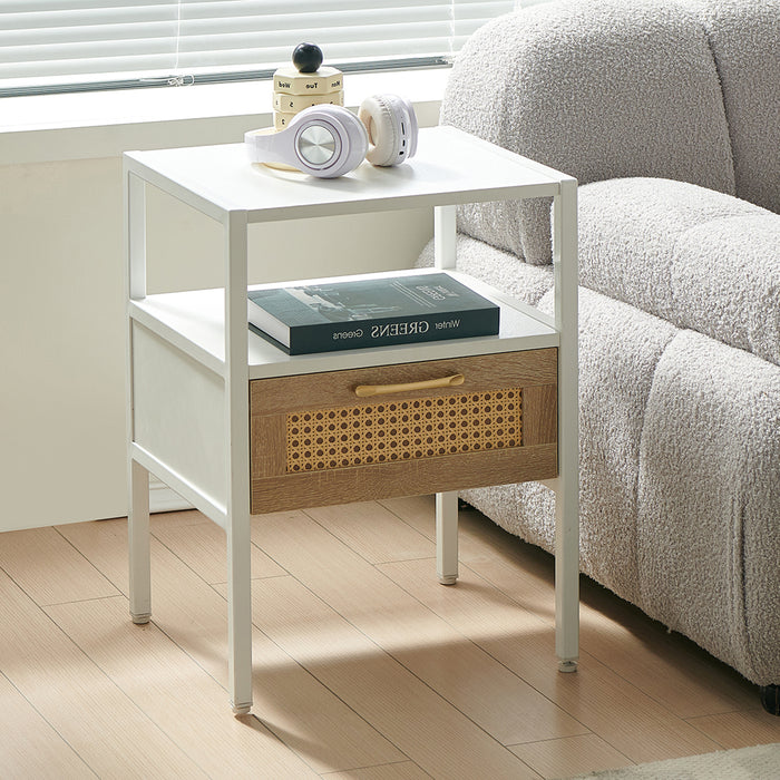 White Rattan End Table with Single Drawer and Metal Legs