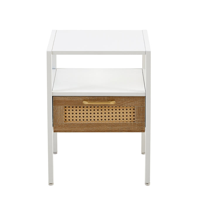 White Rattan End Table with Single Drawer and Metal Legs