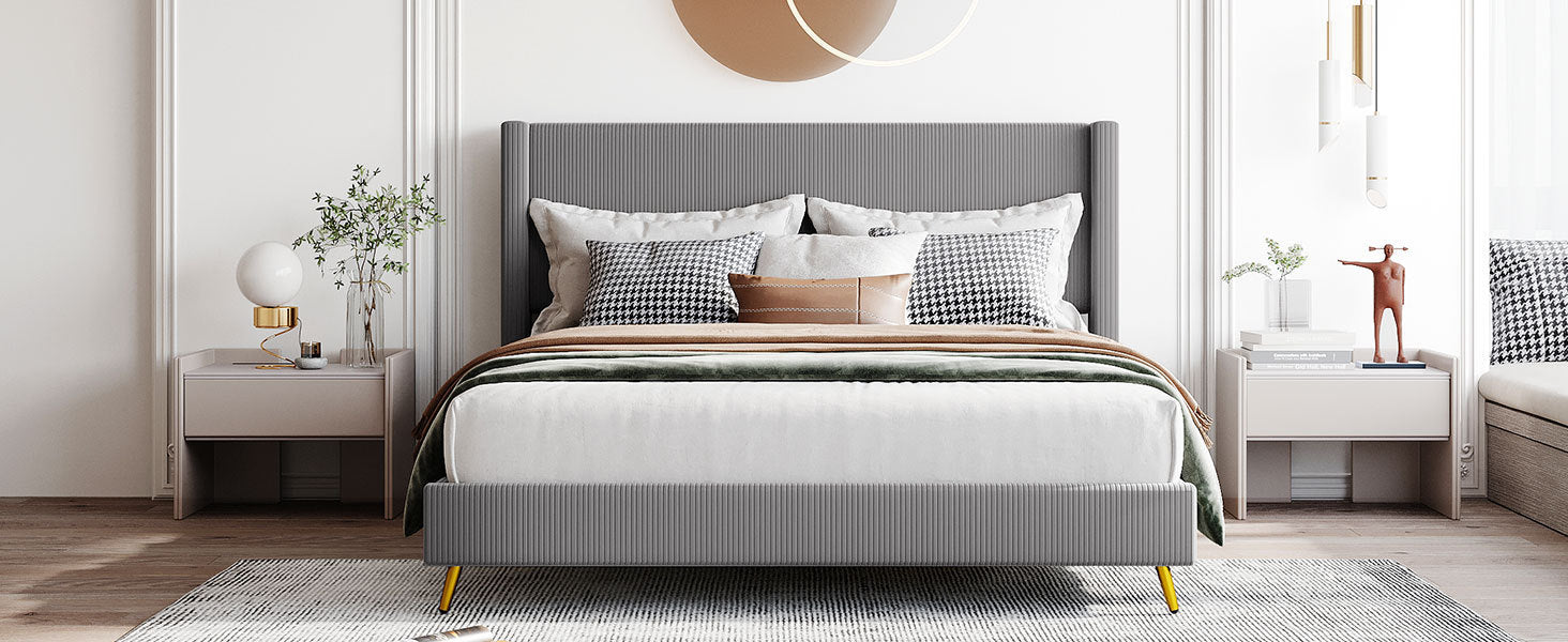 Queen Gray Corduroy Platform Bed with Metal Legs