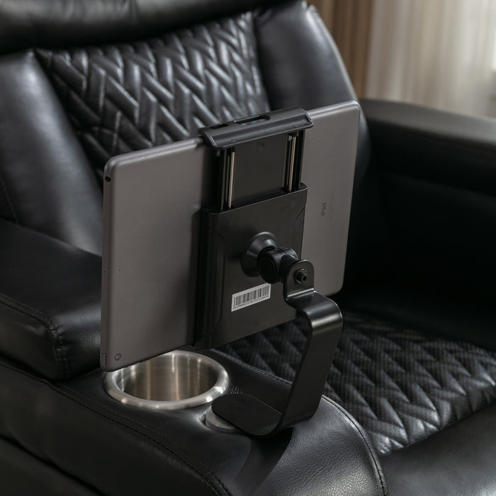 Black 270 Degree Swivel PU Leather Power Recliner Home Theater Recliner Tray Table Phone Holder Cup Holder USB Port Hidden Arm Storage | lowrysfurniturestore