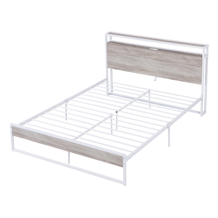 Queen White Metal Platform Bed Frame with USB Ports