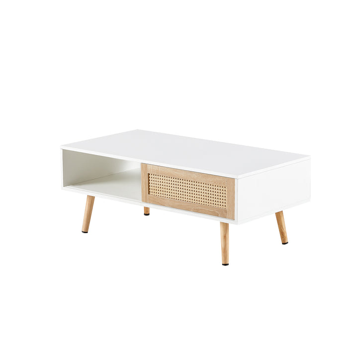 White Modern Rattan Coffee Table with Storage, 41.34"