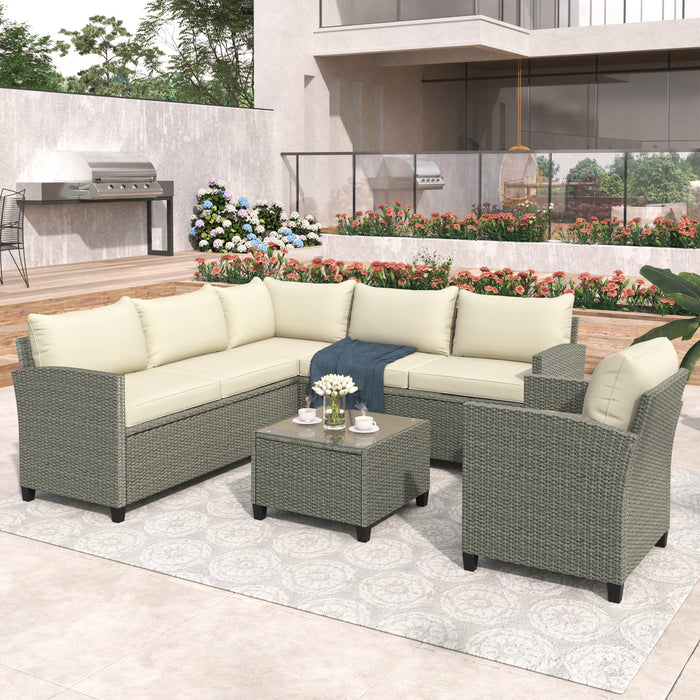 5 pc Beige Sectional Outdoor Set with Coffee Table Side Chair and Cushions
