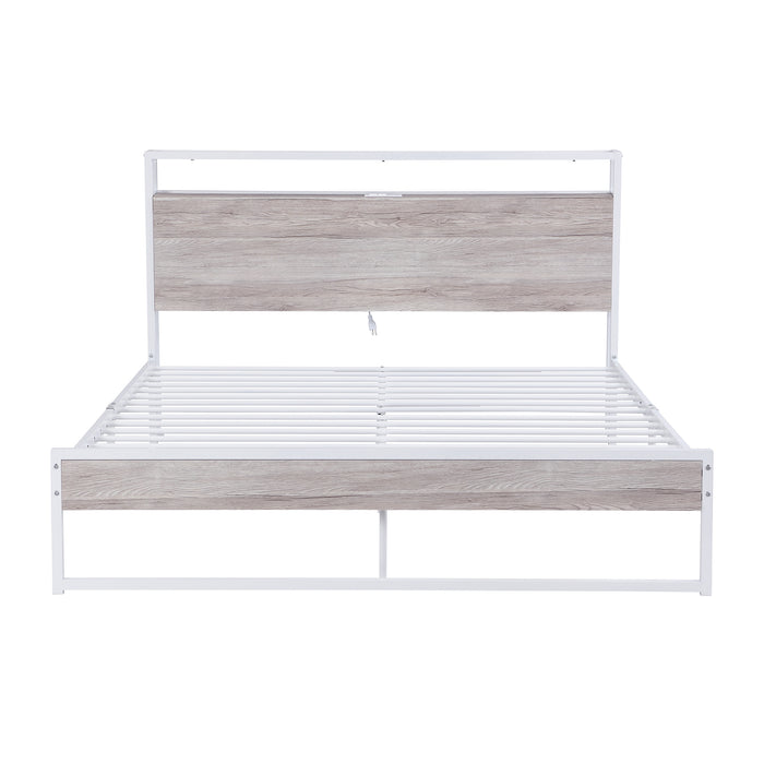 Queen White Metal Platform Bed Frame with USB Ports