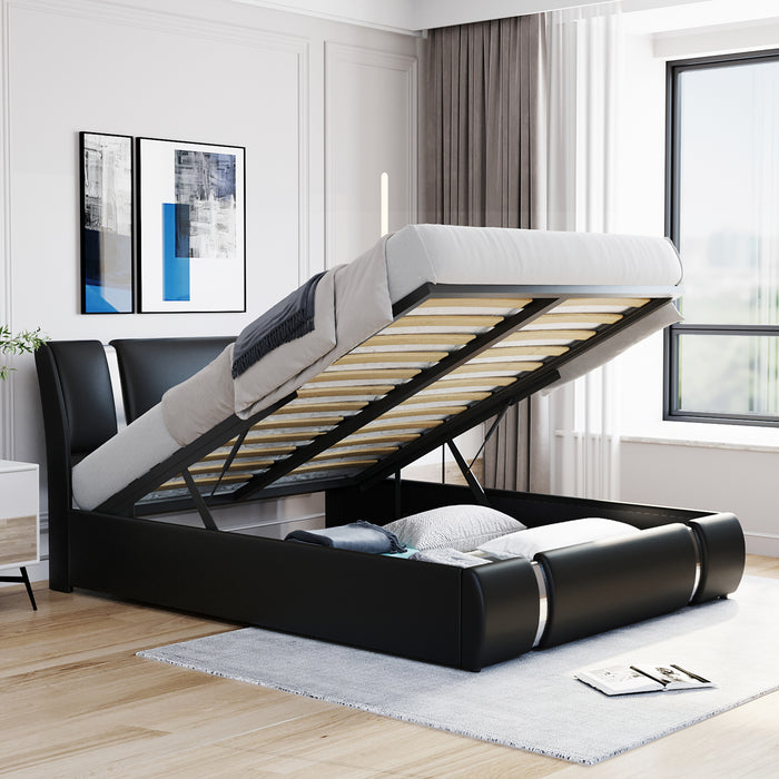 Queen Black Faux Leather Platform Bed with a Hydraulic Storage System