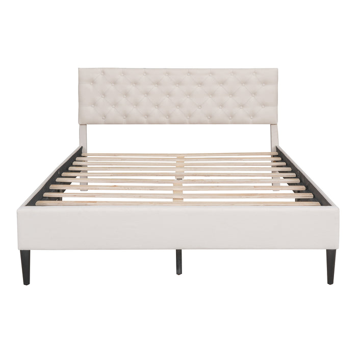 Queen Beige Upholstered Linen Platform Bed