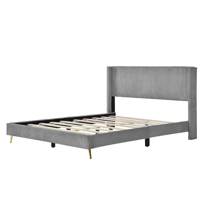 Queen Gray Corduroy Platform Bed with Metal Legs