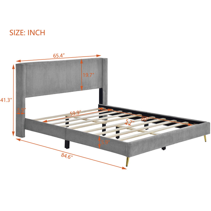 Queen Gray Corduroy Platform Bed with Metal Legs