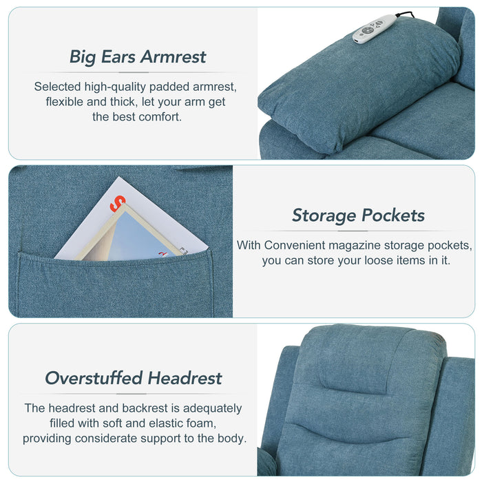 Lift Chair Blue with Adjustable Massage and Heating Function Recliner Chair with Infinite Position and Side Pocket