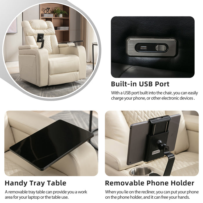 White Swivel Faux Leather Power Recliner Home Theater Tray Table Phone Holder Cup Holder USB Port Arm Storage lowrysfurniturestore