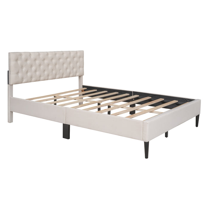 Queen Beige Upholstered Linen Platform Bed