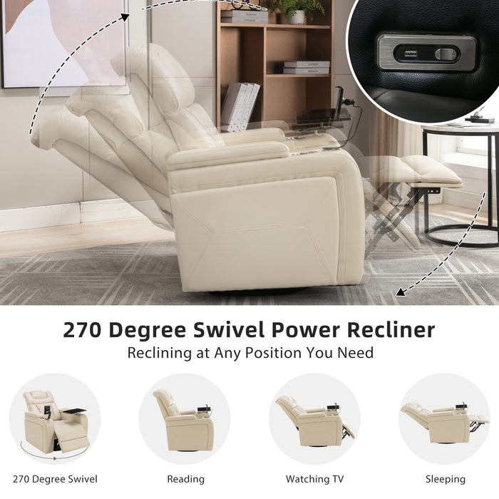 White Swivel Faux Leather Power Recliner Home Theater Tray Table Phone Holder Cup Holder USB Port Arm Storage lowrysfurniturestore