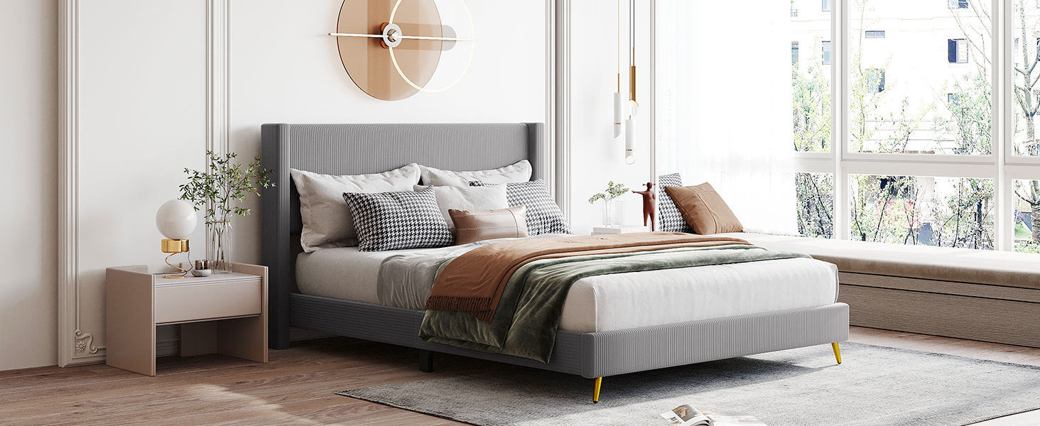 Queen Gray Corduroy Platform Bed with Metal Legs