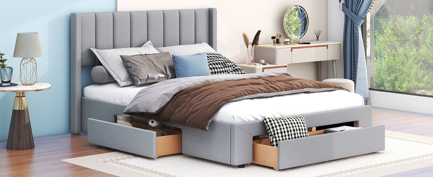 Queen Gray Upholstered Platform Bed with Storage