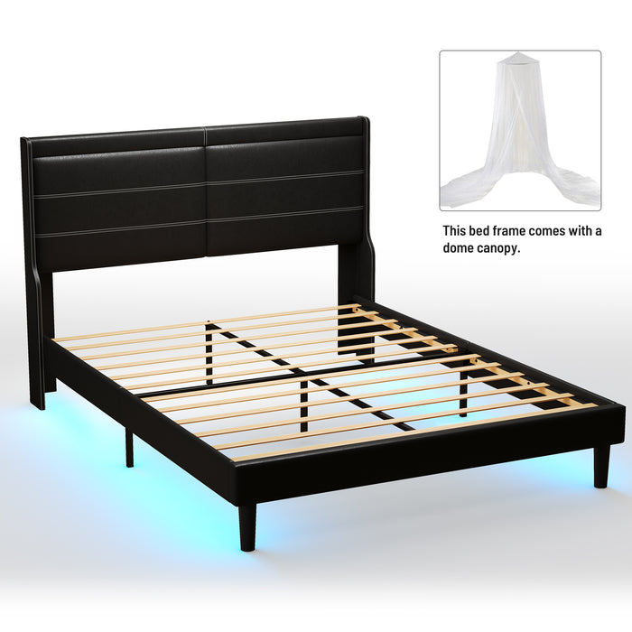 Queen Antique Black Faux Leather Bed with LED Lights