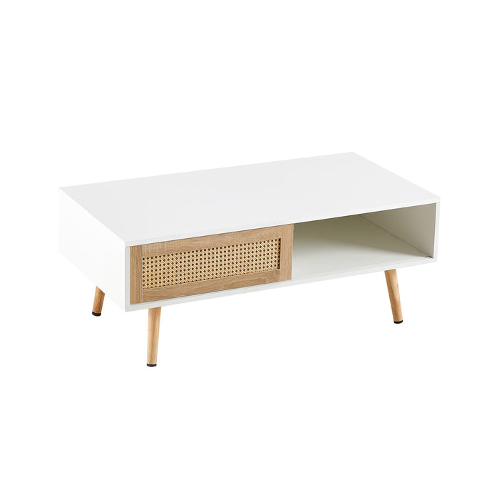 White Modern Rattan Coffee Table with Storage, 41.34"