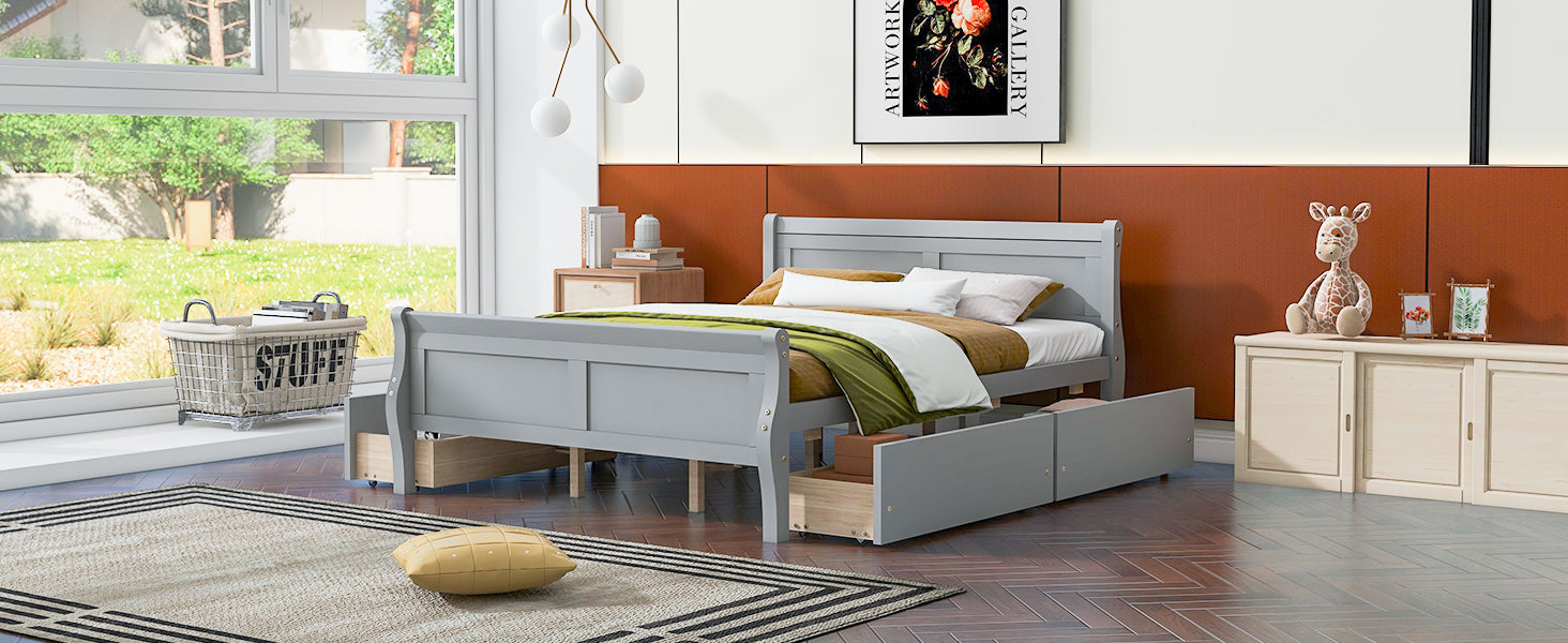 Queen Gray Wood Platform Bed with 4 Drawers