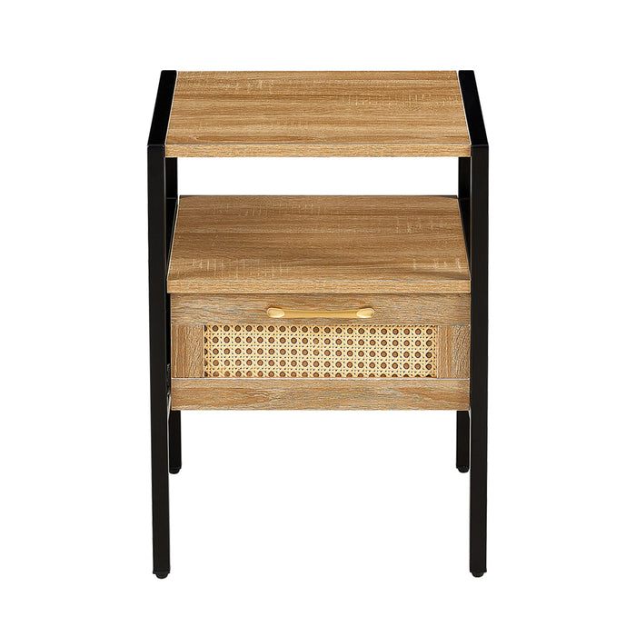 Natural Rattan Nightstand with Single Drawer and Metal Legs