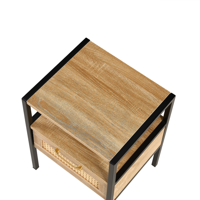 Natural Rattan Nightstand with Single Drawer and Metal Legs