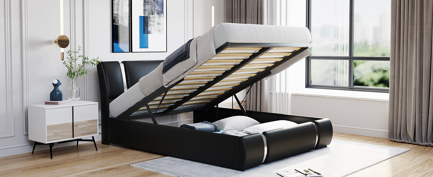 Queen Black Faux Leather Platform Bed with a Hydraulic Storage System