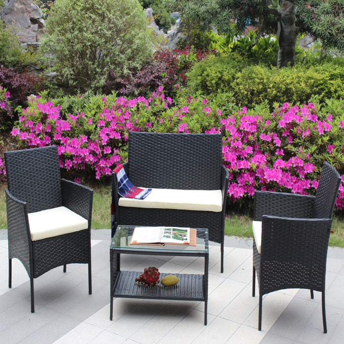 4 PC Black Rattan Patio Furniture Set Outdoor Patio with Cushions